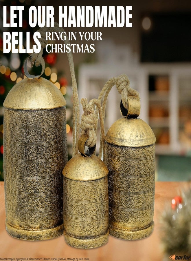 Carfar Shabby Chic Set of 3 Flora Etching Style Harmony Bells Handmade Metal Christmas Hanging Cow Bells 10",8",6", Large - Image 4